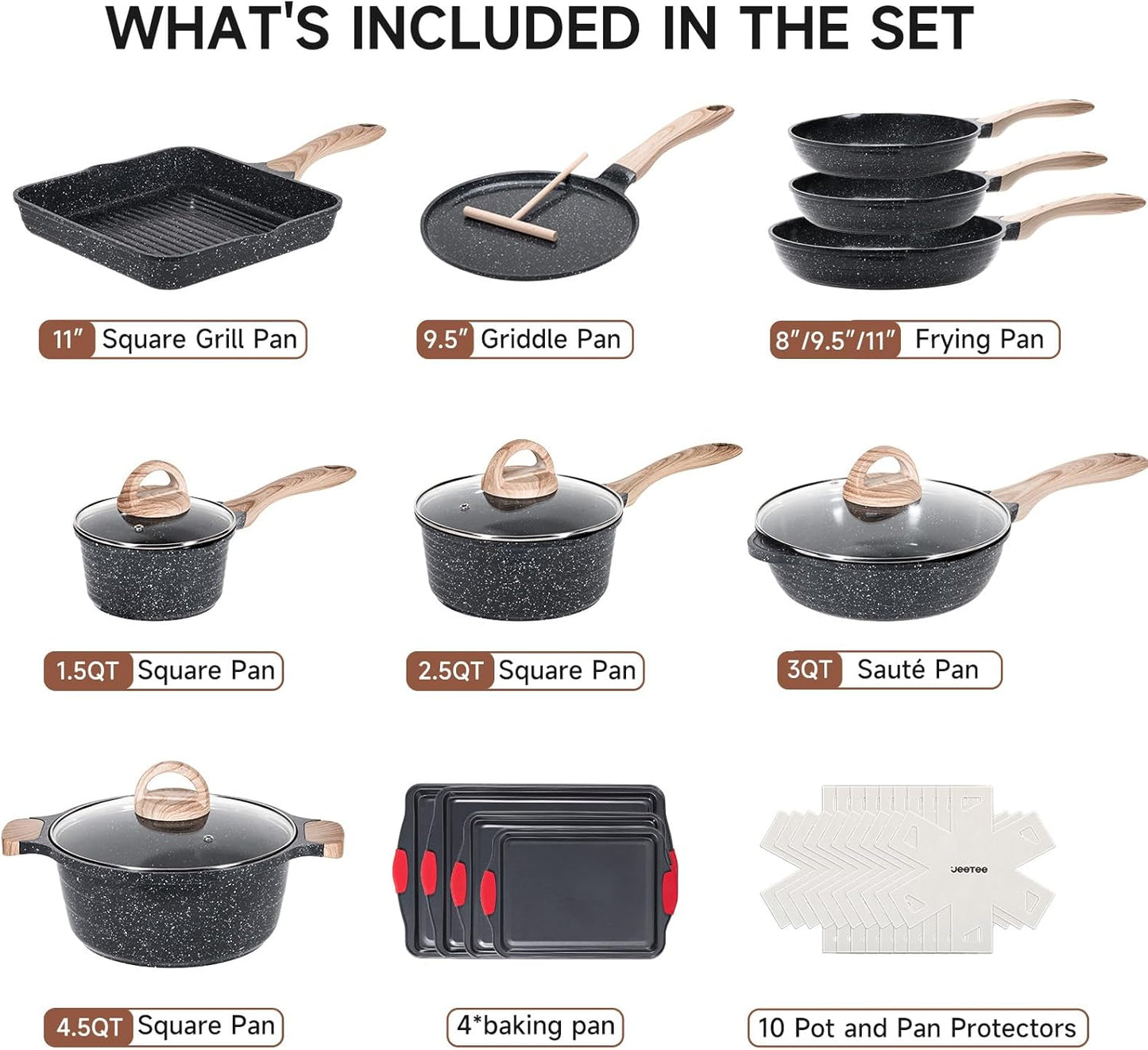 JEETEE Nonstick Granite Cookware Set – Grey/Beige/Pink