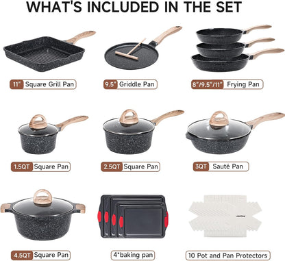 JEETEE Nonstick Granite Cookware Set – Grey/Beige/Pink