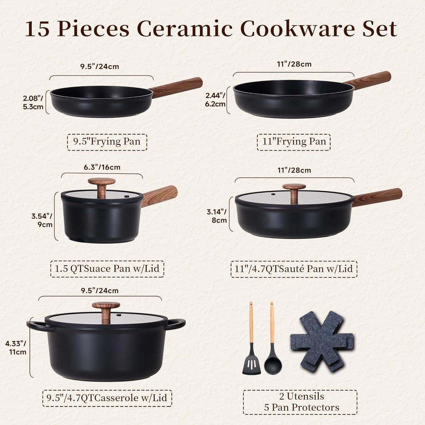 JEETEE Ceramic Nonstick Cookware Set with Removable Handles