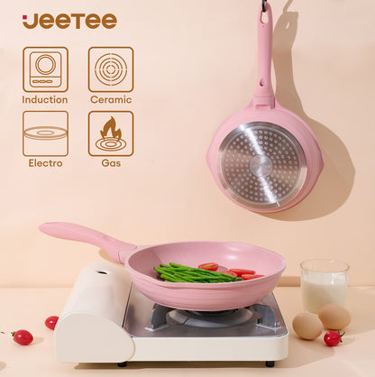 JEETEE Nonstick Granite Cookware Set – Grey/Beige/Pink
