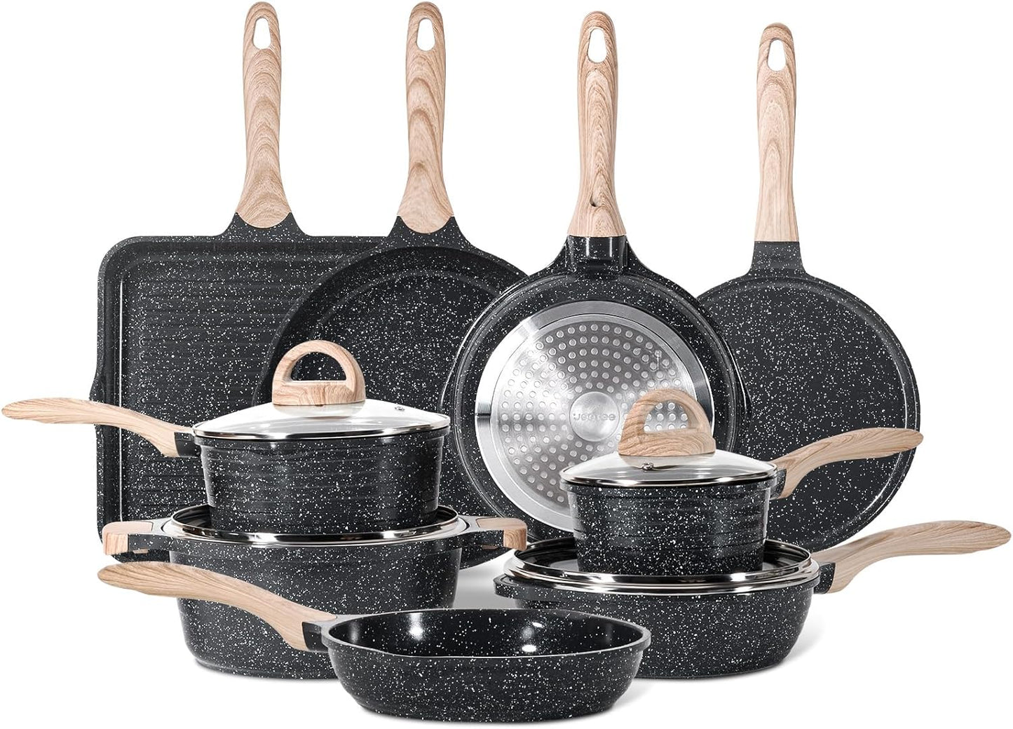 JEETEE Nonstick Granite Cookware Set – Grey/Beige/Pink
