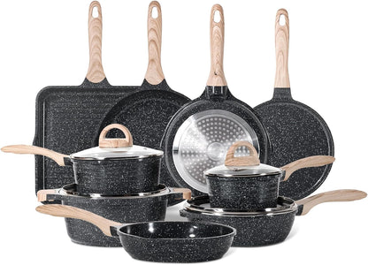JEETEE Nonstick Granite Cookware Set – Grey/Beige/Pink