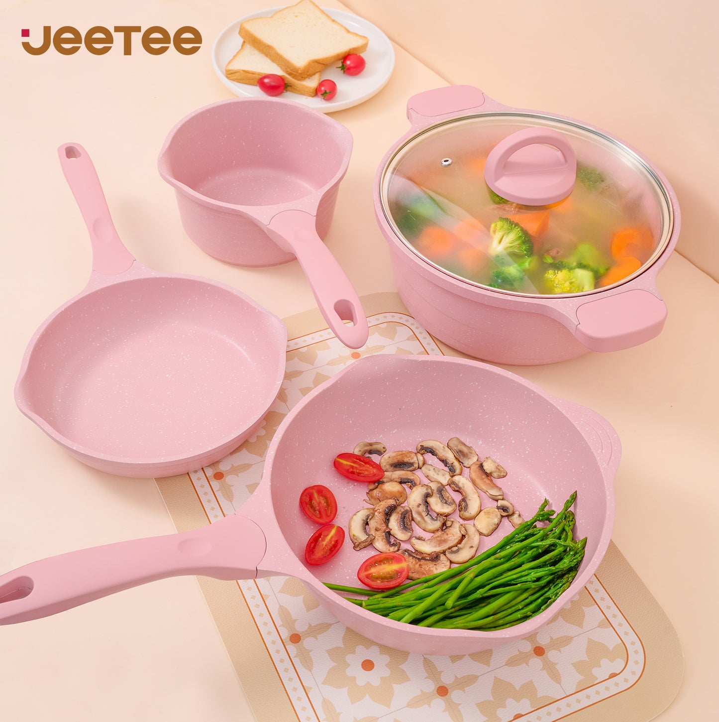 JEETEE Nonstick Granite Cookware Set – Grey/Beige/Pink
