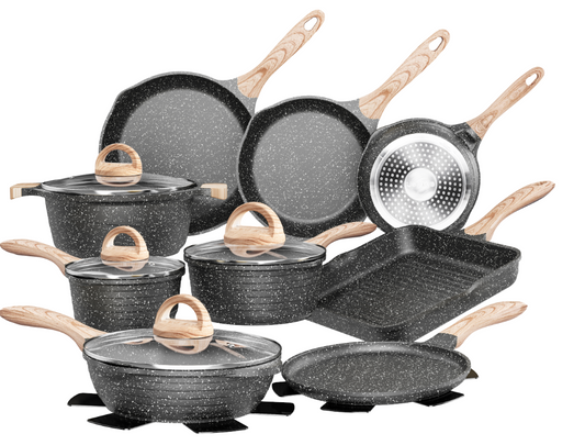 Juego de ollas y sartenes antiadherentes JEETEE, juego de utensilios de cocina con revestimiento de granito para inducción, gris/beige/rosa