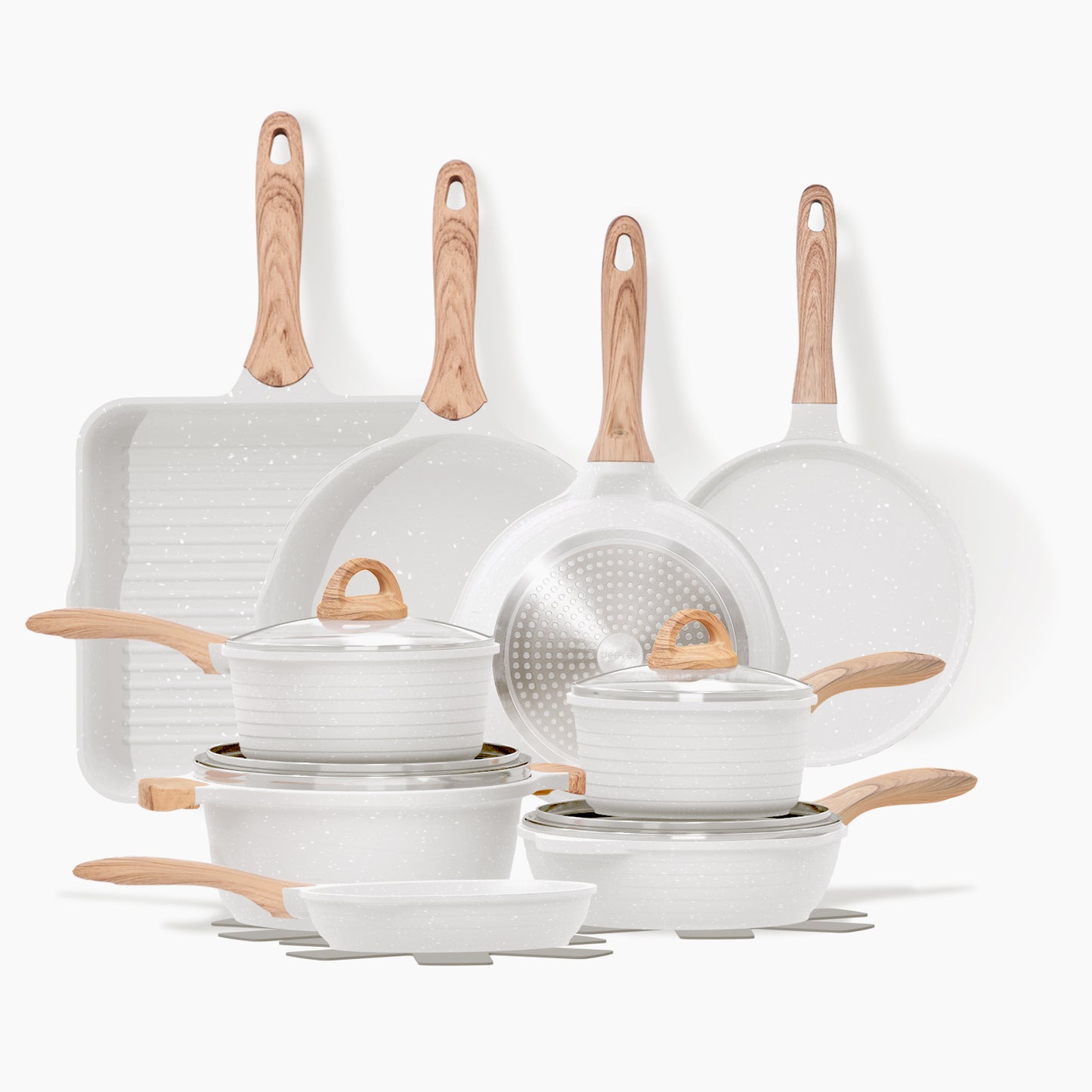 JEETEE Nonstick Granite Cookware Set – Grey/Beige/Pink