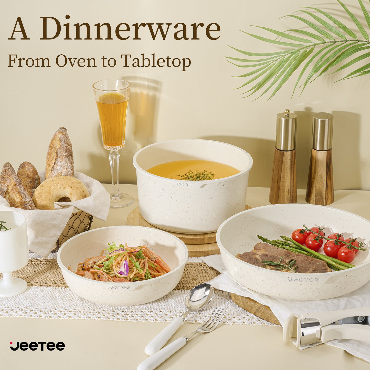 Juego de ollas y sartenes antiadherentes JEETEE de 17 piezas, set de batería de cocina con mango extraíble