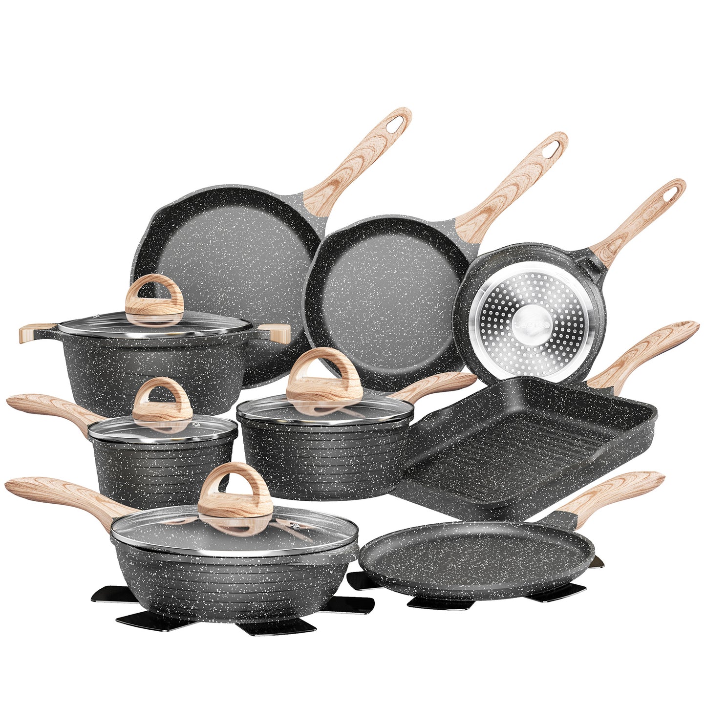 JEETEE Nonstick Granite Cookware Set – Grey/Beige/Pink