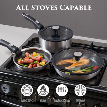 Juego de batería de cocina híbrida de acero inoxidable Jeetee de 18 piezas con mango desmontable