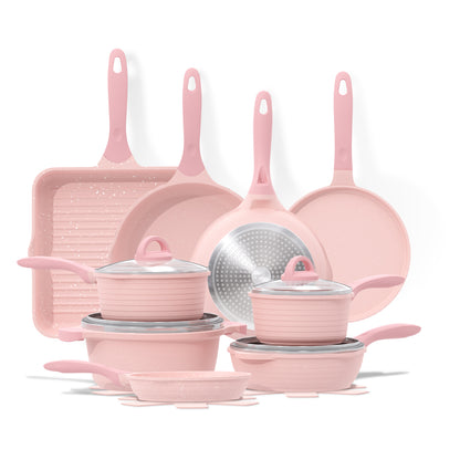 JEETEE Nonstick Granite Cookware Set – Grey/Beige/Pink