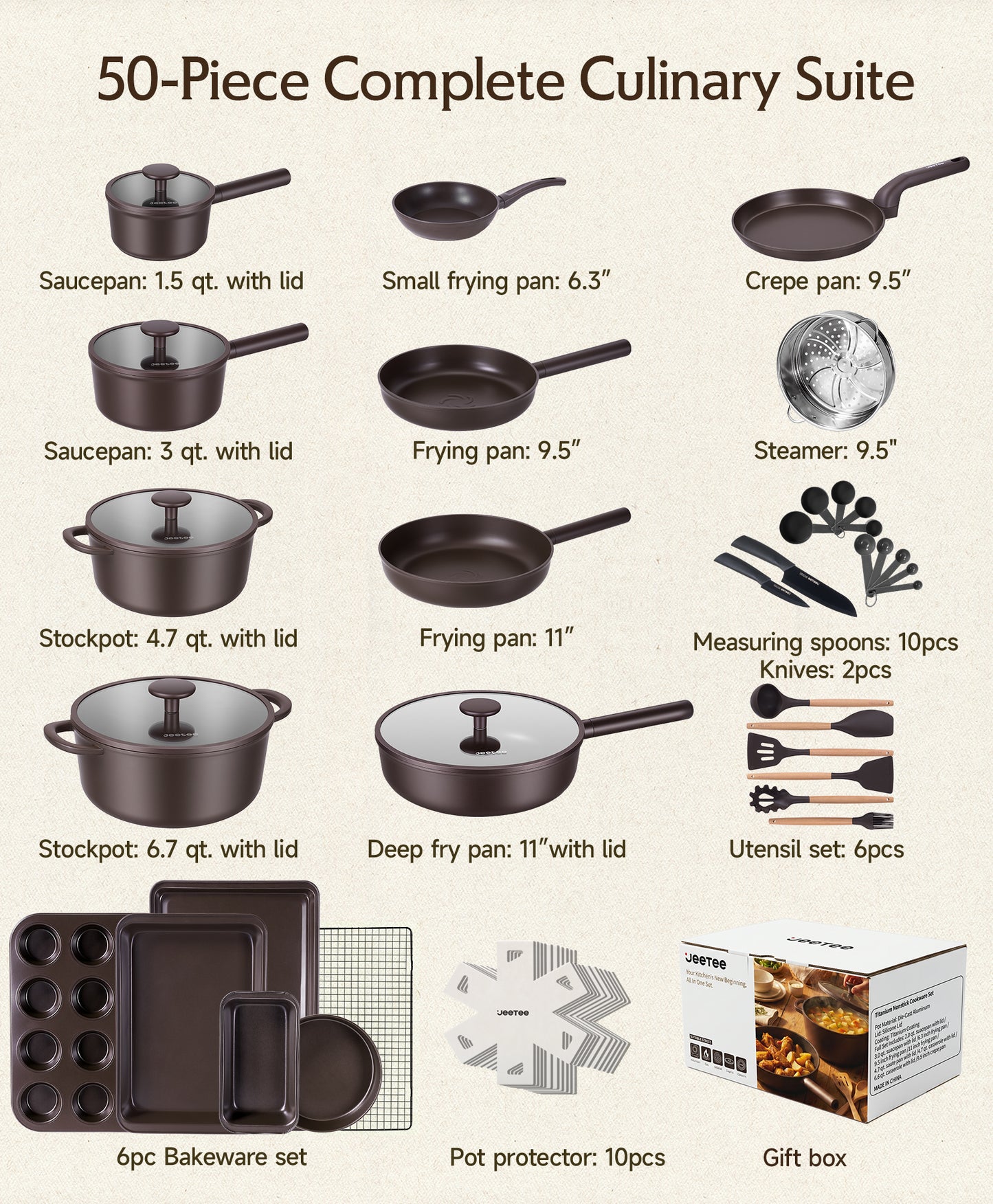 JEETEE 50-Piece Titanium Cookware Set with Bakeware | Induction & Oven Safe, PFAS Free