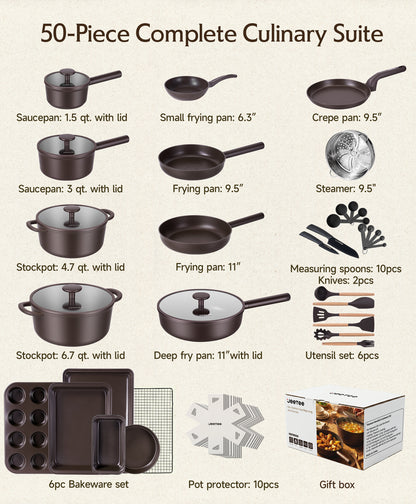 JEETEE 50-Piece Titanium Cookware Set with Bakeware | Induction & Oven Safe, PFAS Free