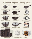 Load image into Gallery viewer, JEETEE 50-Piece Titanium Pots and Pans Set Non Stick, Cookware Set with 6pc Bakeware, Ultimate Pot and Pan Set for Cooking With Lid, Induction &amp; Oven &amp; Dishwasher Safe, PFAS Free
