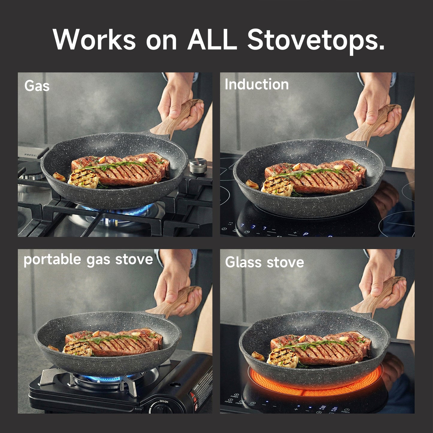 Sartén antiadherente JEETEE, utensilios de cocina con revestimiento de piedra, sartén antiadherente para tortillas con mango resistente al calor, sartén de inducción para huevos, gris/beige